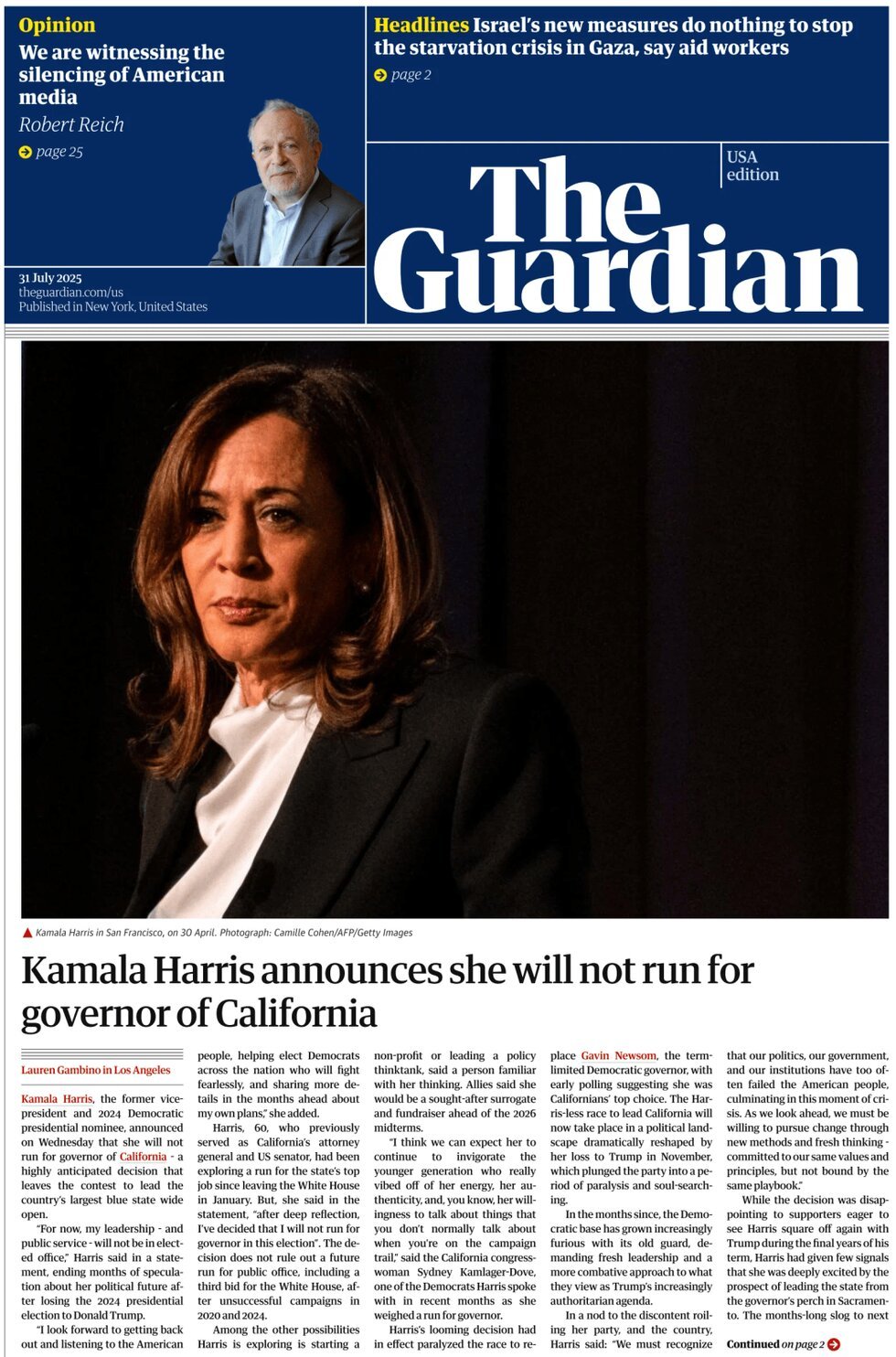 Prima Pagina The Guardian US 31/07/2025