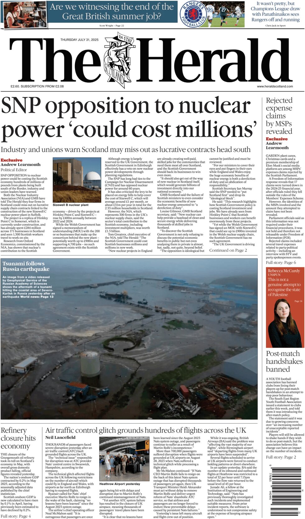 Prima Pagina The Herald (Scotland) 31/07/2025