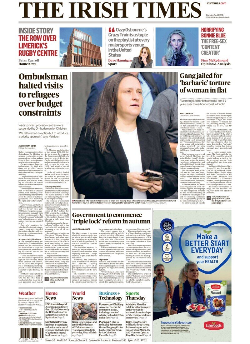 Prima Pagina The Irish Times 31/07/2025