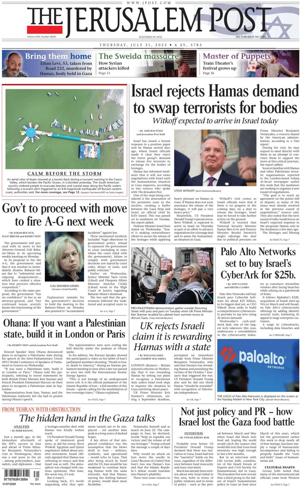 Prima Pagina The Jerusalem Post 31/07/2025