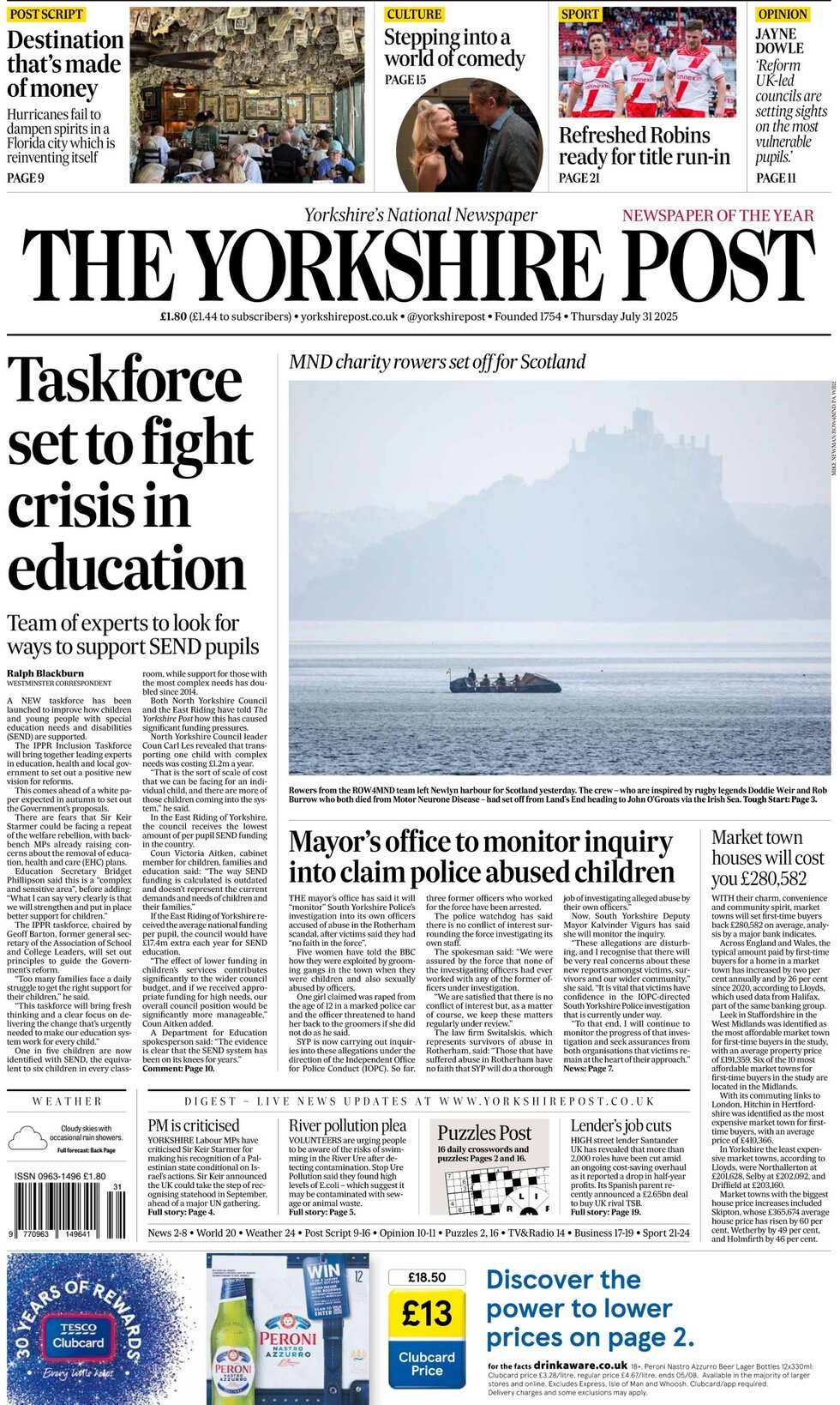 Prima Pagina The Yorkshire Post 31/07/2025