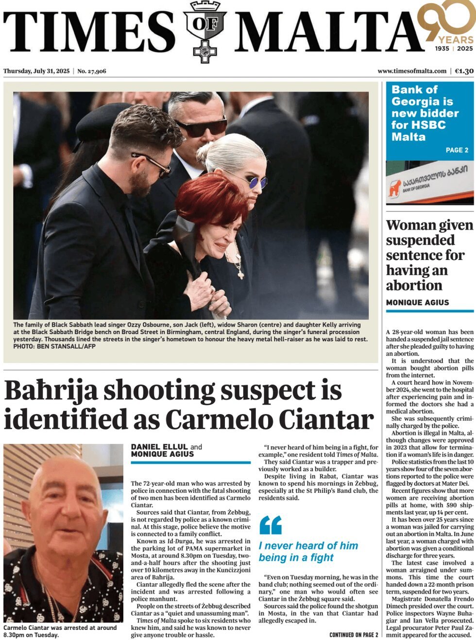 Prima Pagina Times of Malta 31/07/2025