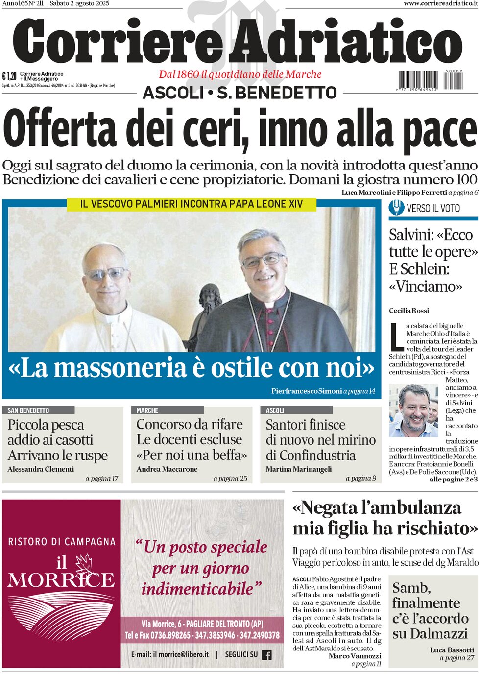 Prima Pagina Corriere Adriatico (Ascoli) 02/08/2025