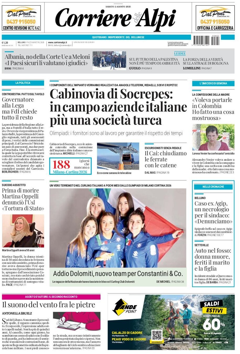Prima Pagina Corriere delle Alpi (Belluno) 02/08/2025