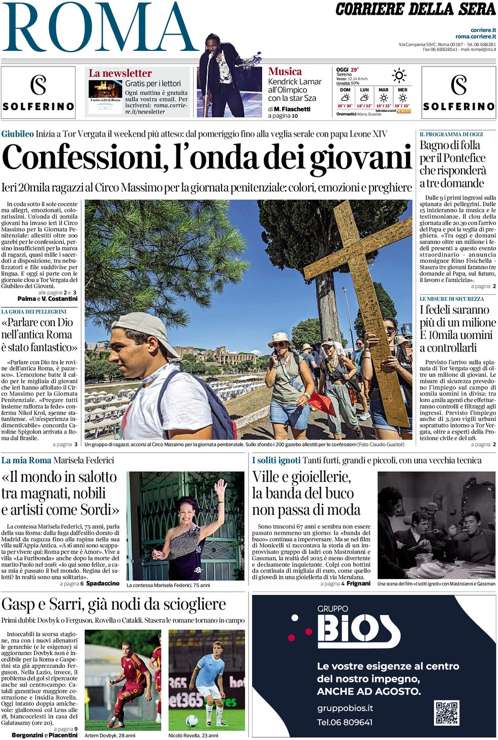 Prima Pagina Corriere della Sera (Roma) 02/08/2025