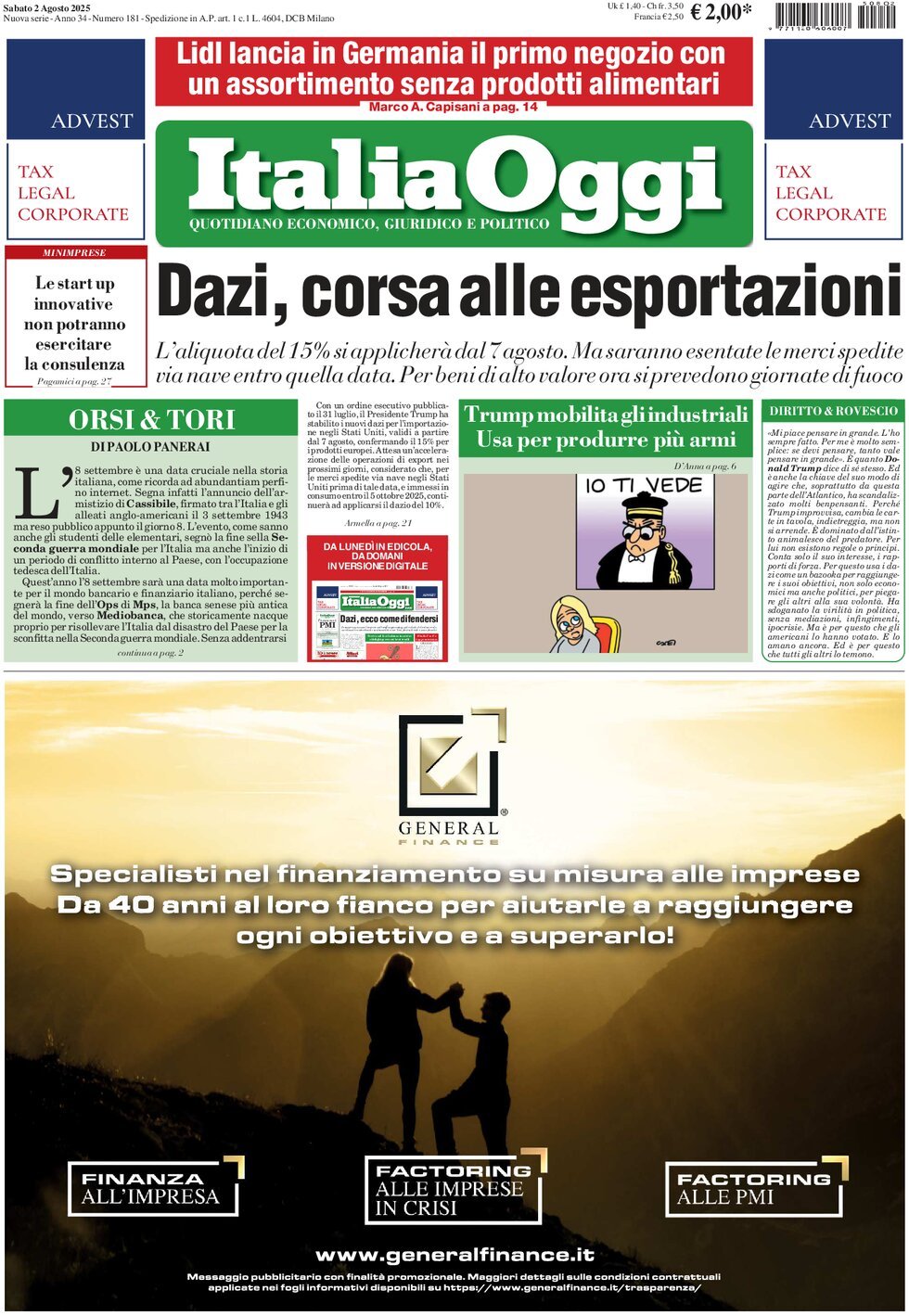 Prima Pagina ItaliaOggi 02/08/2025