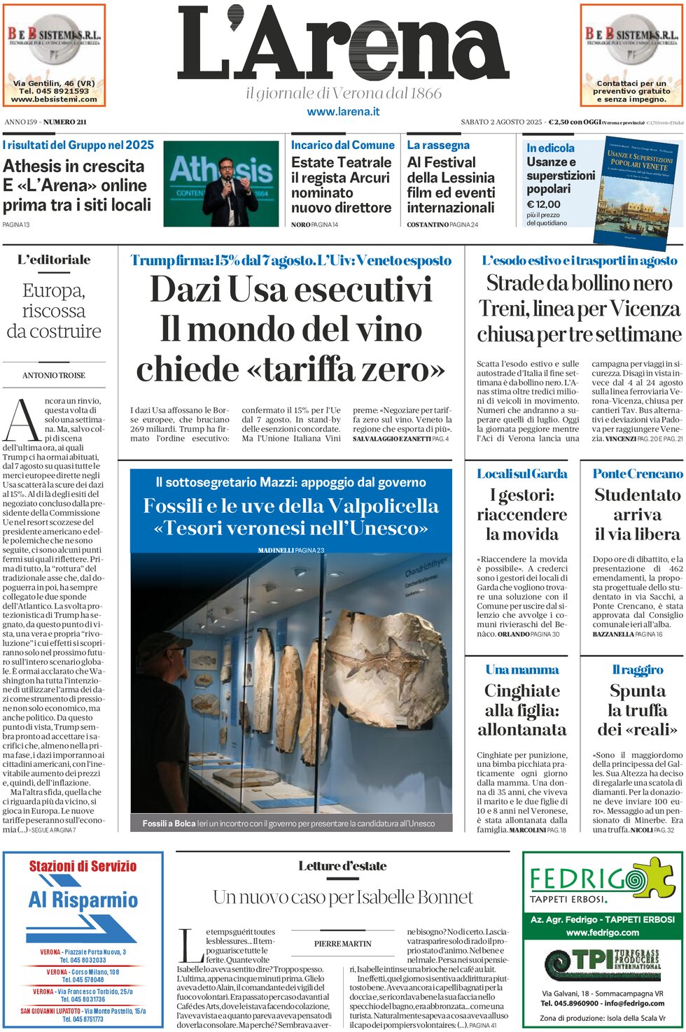 Prima Pagina L'Arena (Verona) 02/08/2025