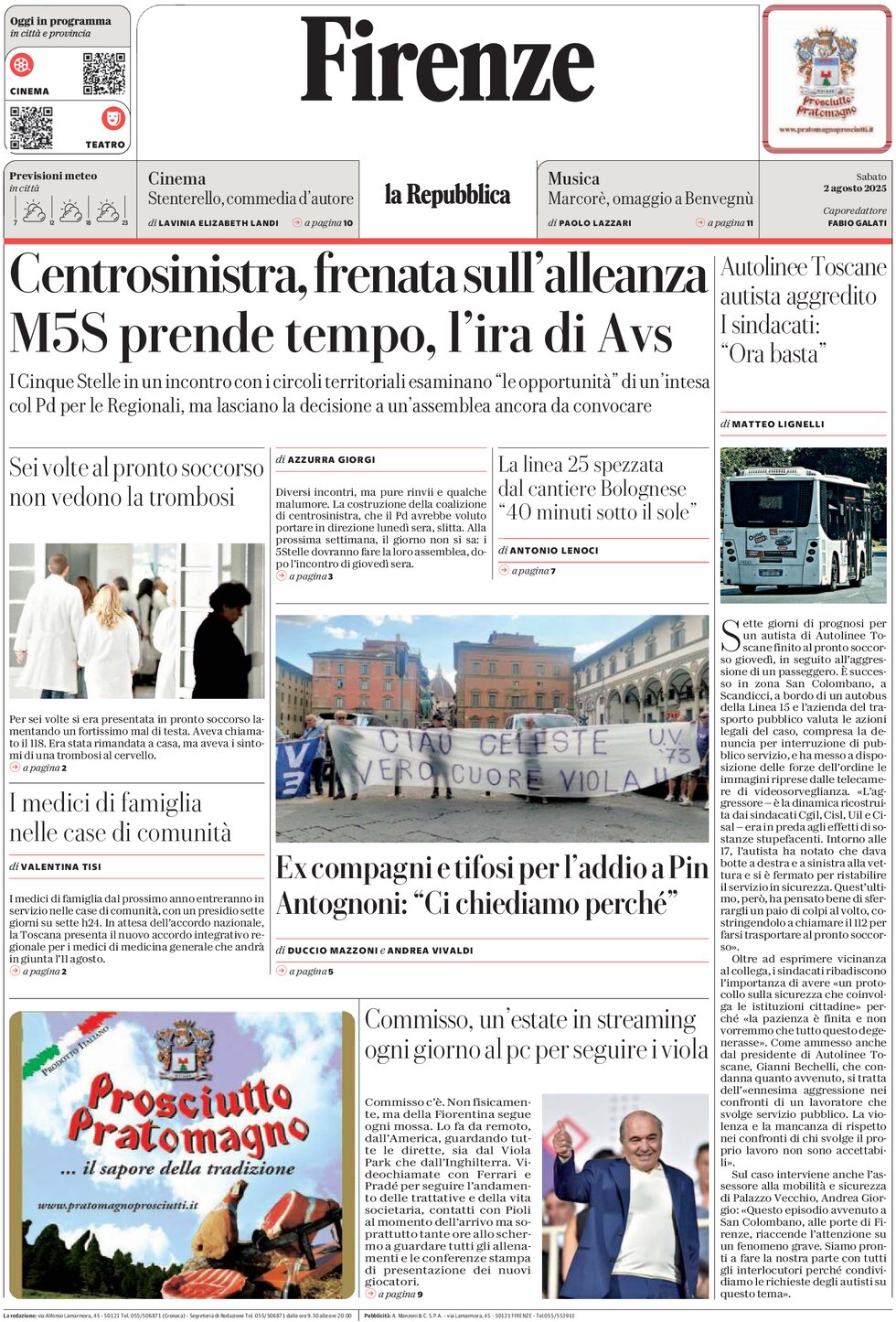 Prima Pagina La Repubblica (Firenze) 02/08/2025