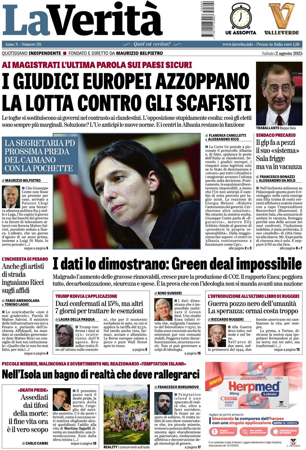 Prima Pagina La Verità 02/08/2025
