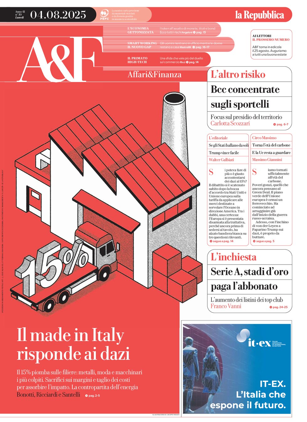 Copertina Affari & Finanza (la Repubblica) 04/08/2025