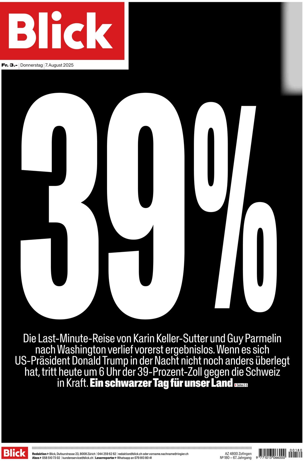 Prima Pagina Blick 07/08/2025