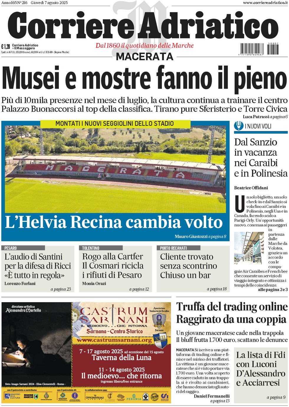 Prima Pagina Corriere Adriatico (Macerata) 07/08/2025