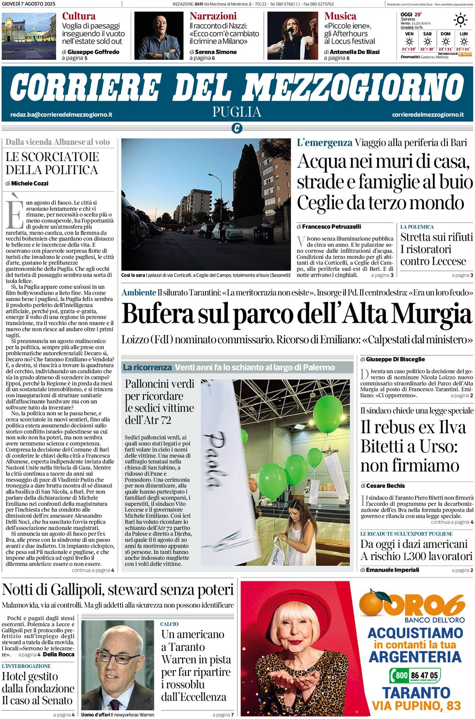 Prima Pagina Corriere del Mezzogiorno (Puglia) 07/08/2025