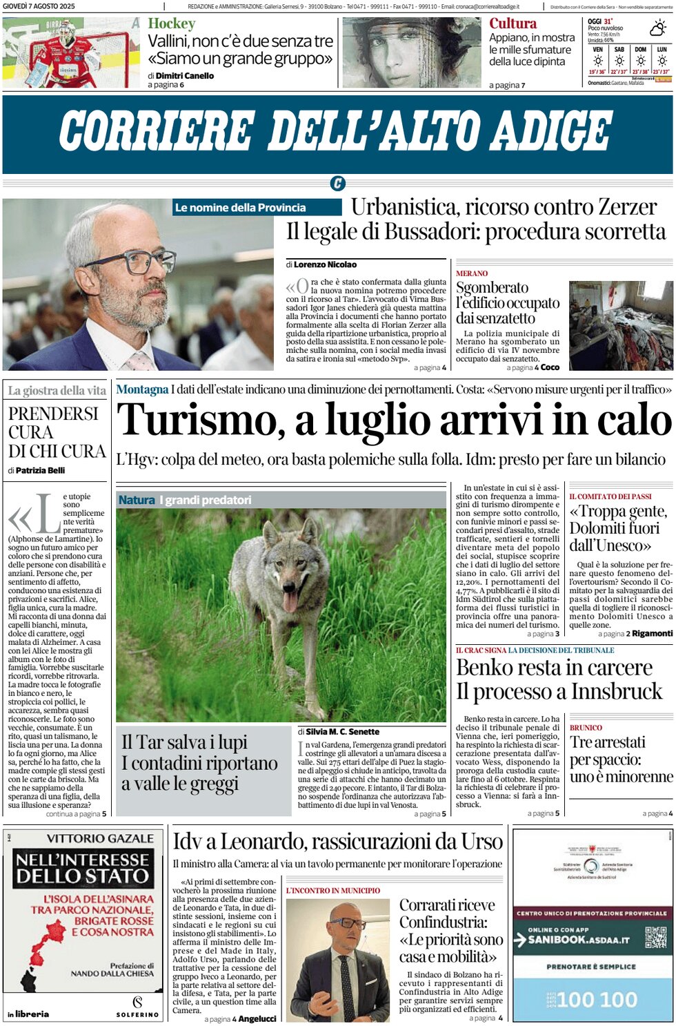 Prima Pagina Corriere dell'Alto Adige 07/08/2025