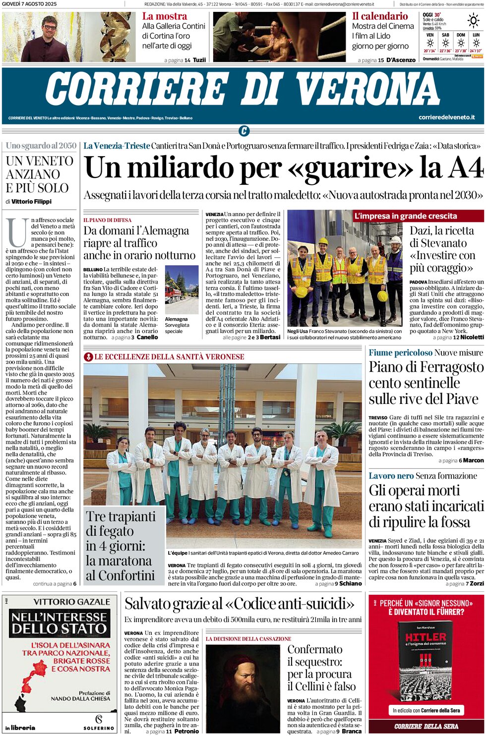 Prima Pagina Corriere di Verona 07/08/2025