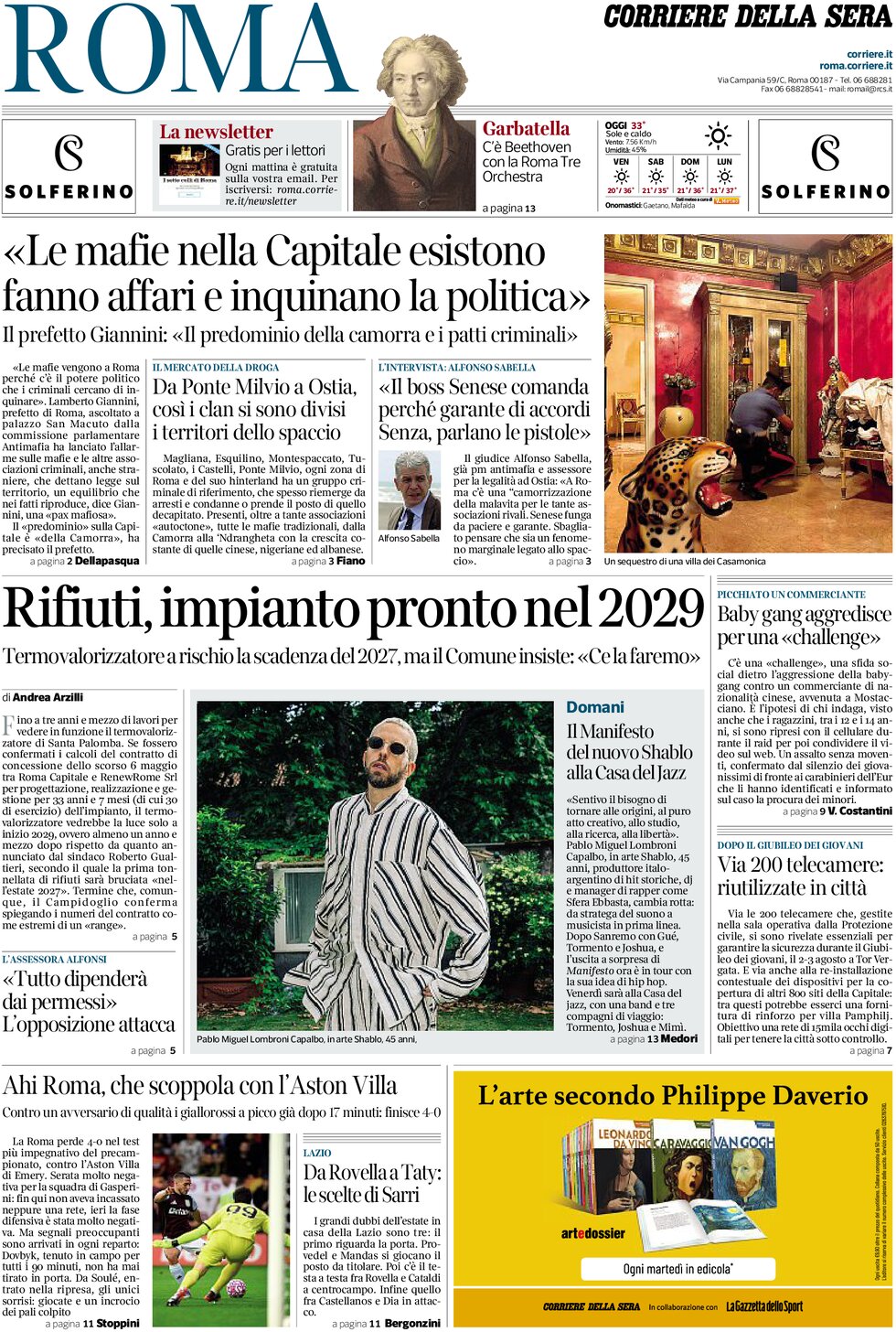 Prima Pagina Corriere della Sera (Roma) 07/08/2025