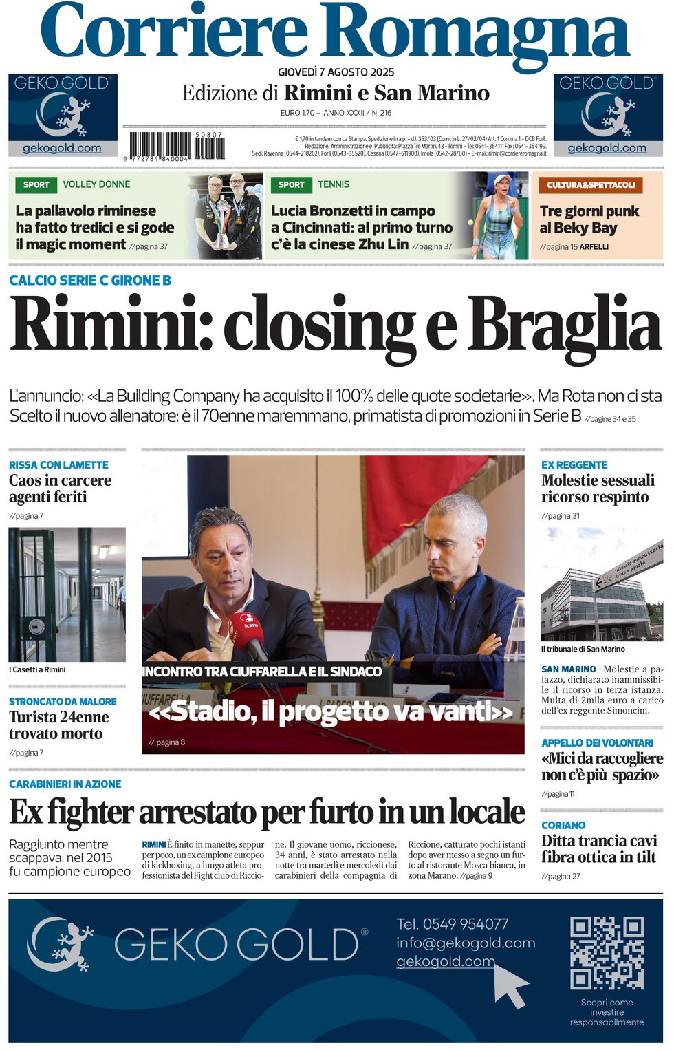 Prima Pagina Corriere Romagna (Rimini e San Marino) 07/08/2025