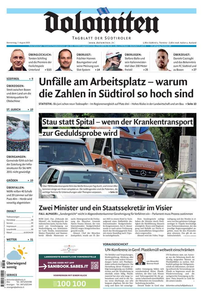 Prima Pagina Dolomiten 07/08/2025