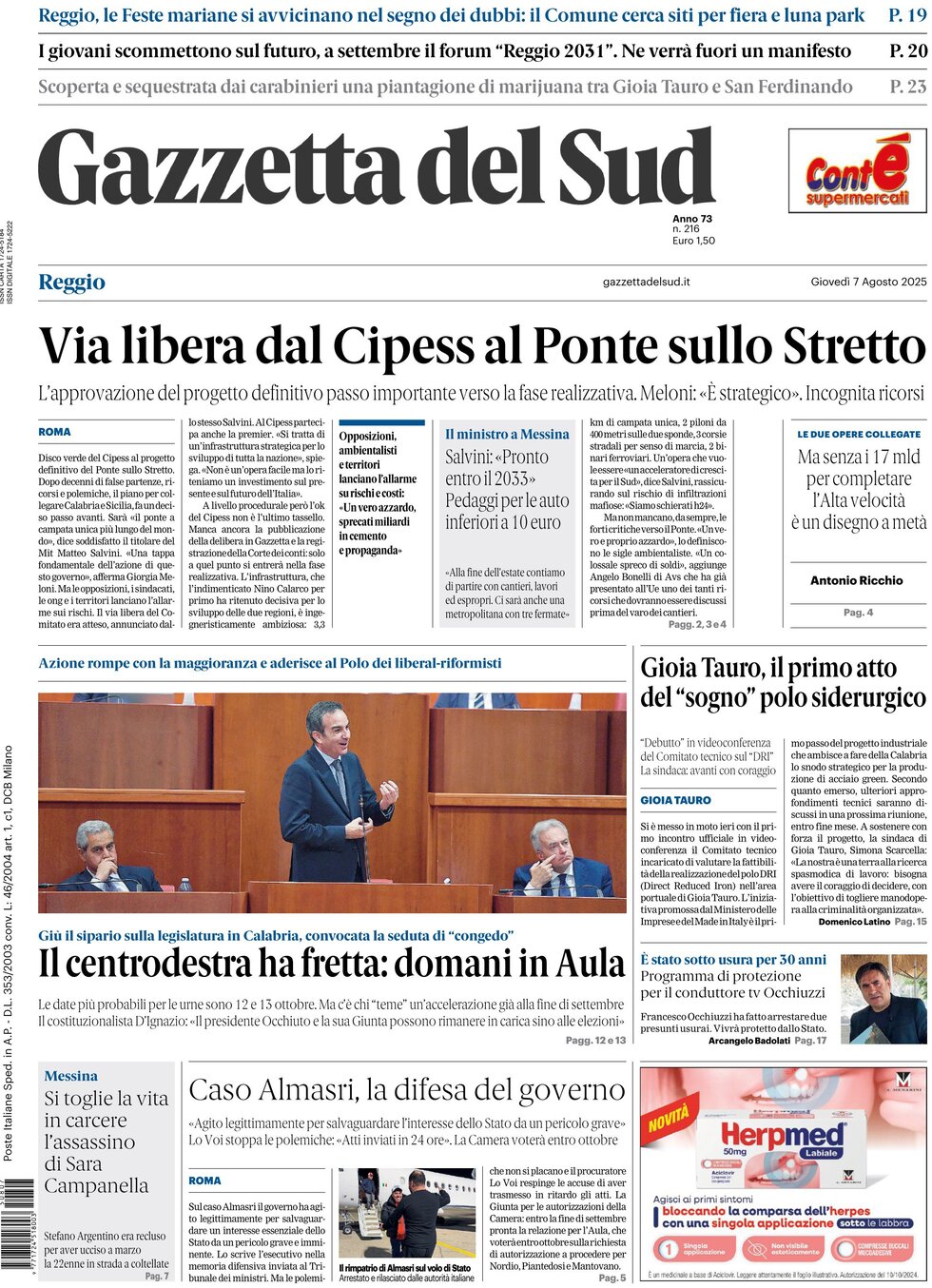 Prima Pagina Gazzetta del Sud (Reggio Calabria) 07/08/2025