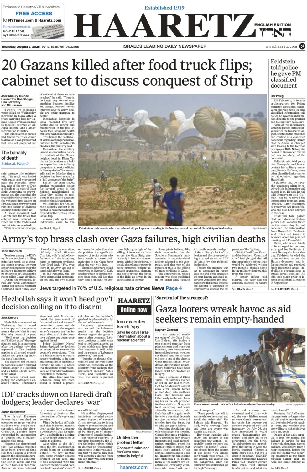 Prima Pagina Haaretz 07/08/2025