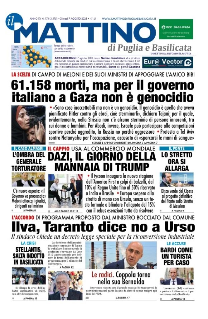 Prima Pagina Il Mattino di Puglia e Basilicata 07/08/2025