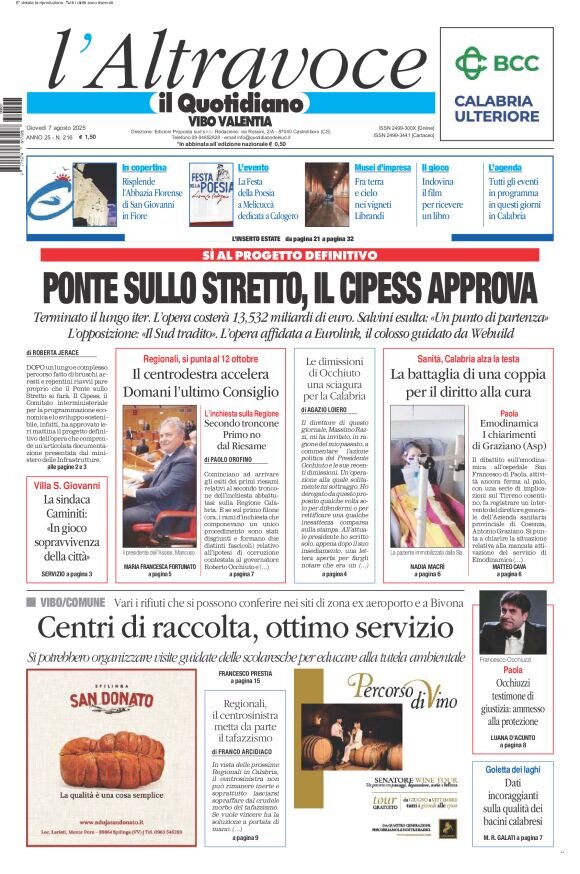 Prima Pagina Il Quotidiano del Sud (Vibo Valentia) 07/08/2025