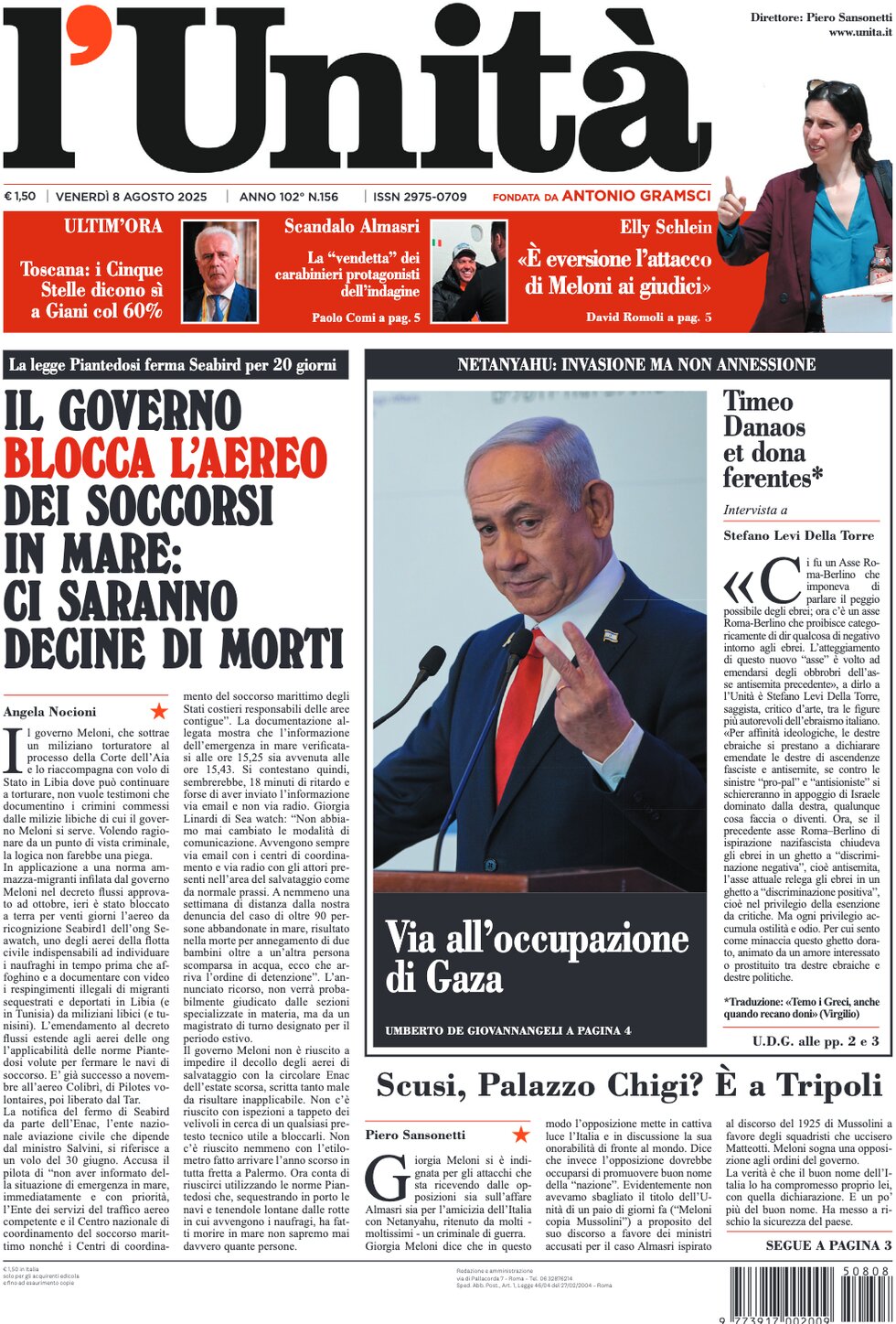 Prima Pagina L'Unità 08/08/2025
