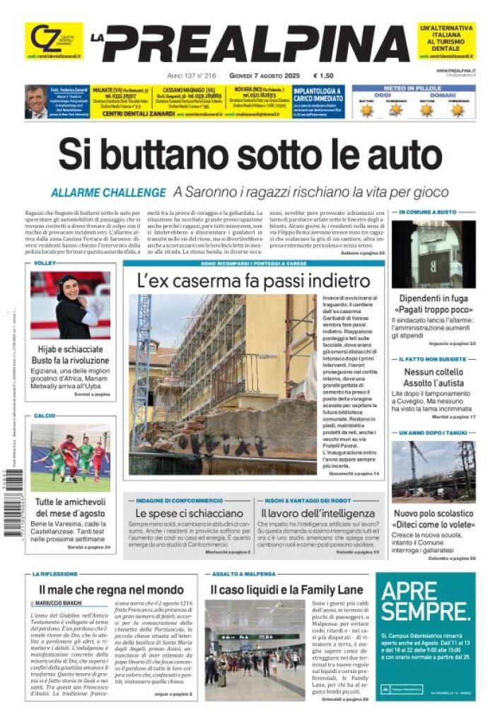 Prima Pagina La Prealpina 07/08/2025