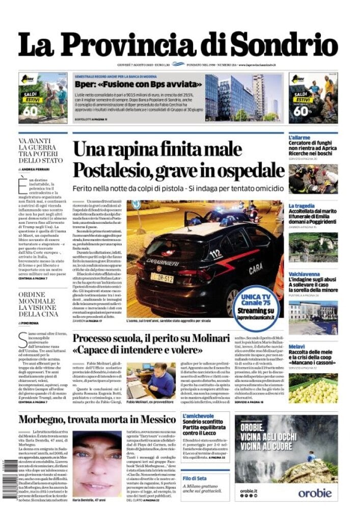 Prima Pagina La Provincia di Sondrio 07/08/2025