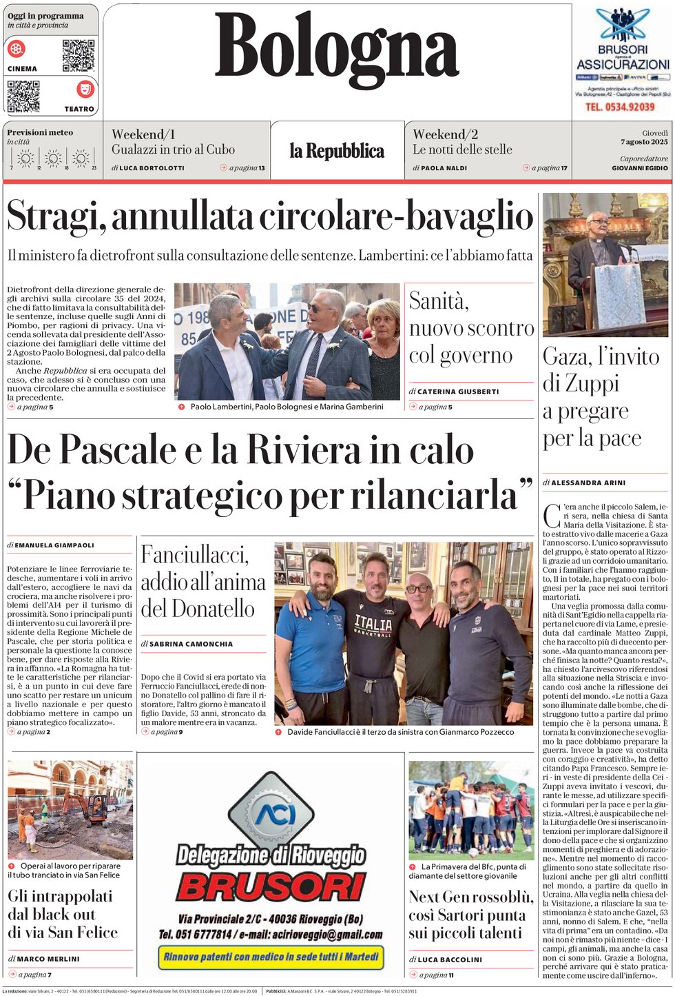 Prima Pagina La Repubblica (Bologna) 07/08/2025