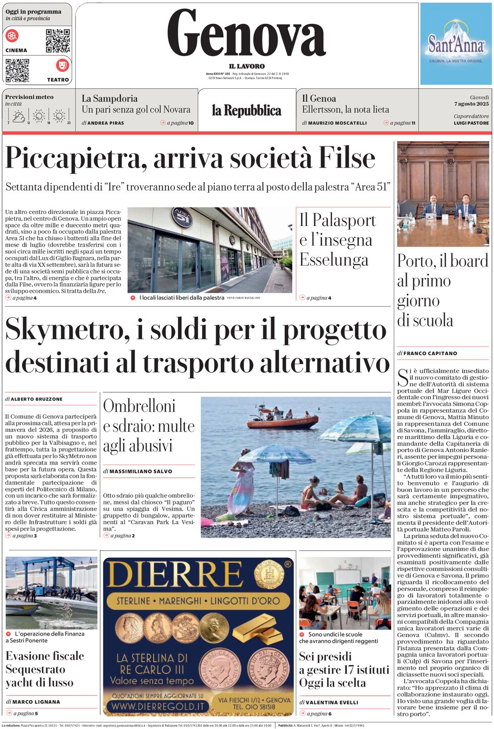 Prima Pagina La Repubblica (Genova) 07/08/2025