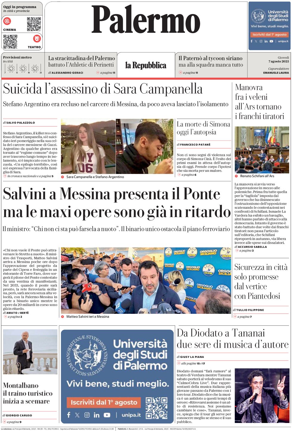 Prima Pagina La Repubblica (Palermo) 07/08/2025