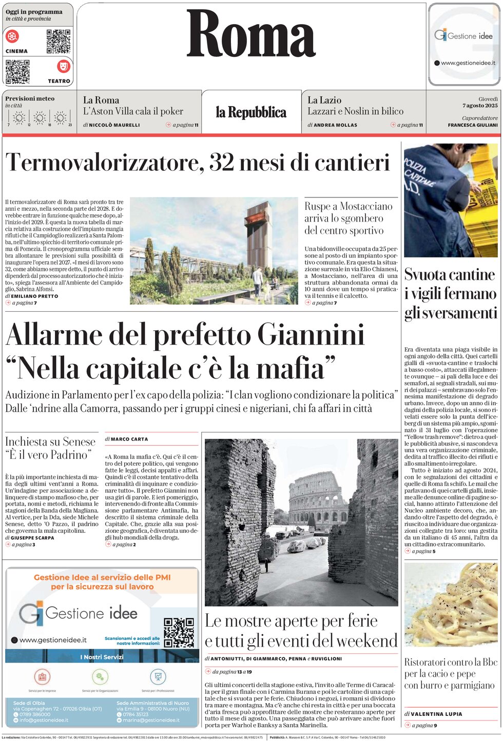Prima Pagina La Repubblica (Roma) 07/08/2025