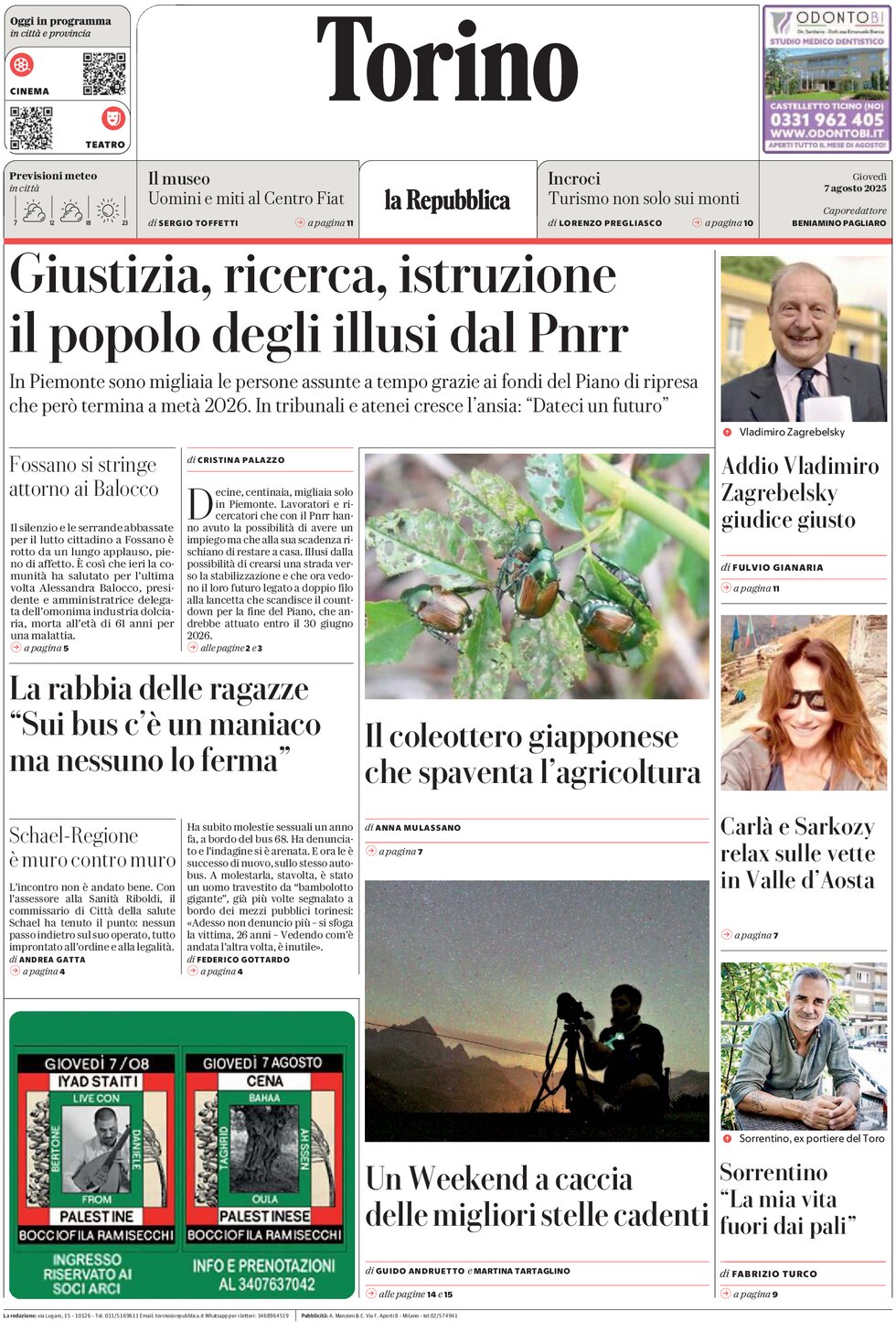 Prima Pagina La Repubblica (Torino) 07/08/2025