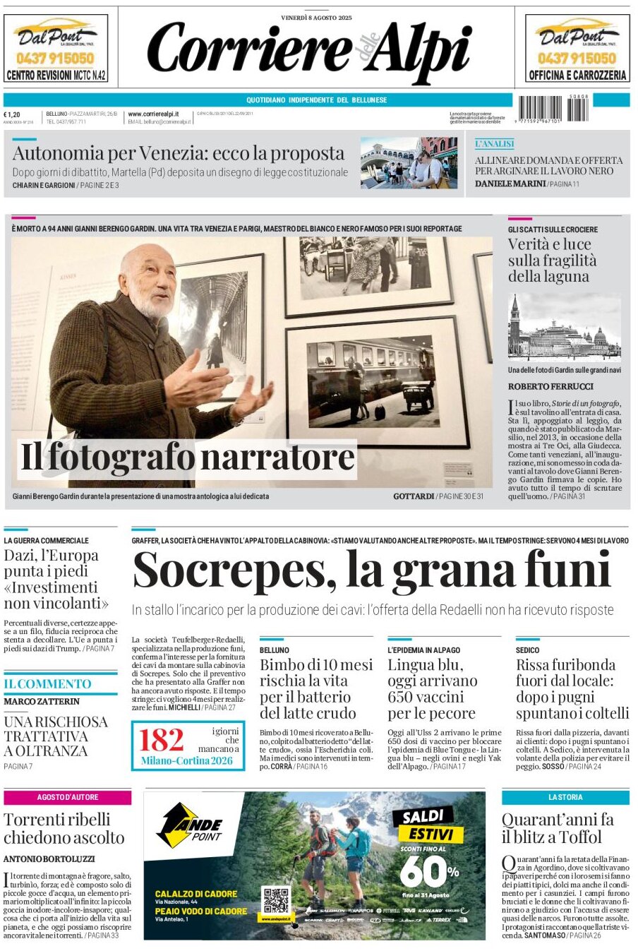 Prima Pagina Corriere delle Alpi (Belluno) 08/08/2025