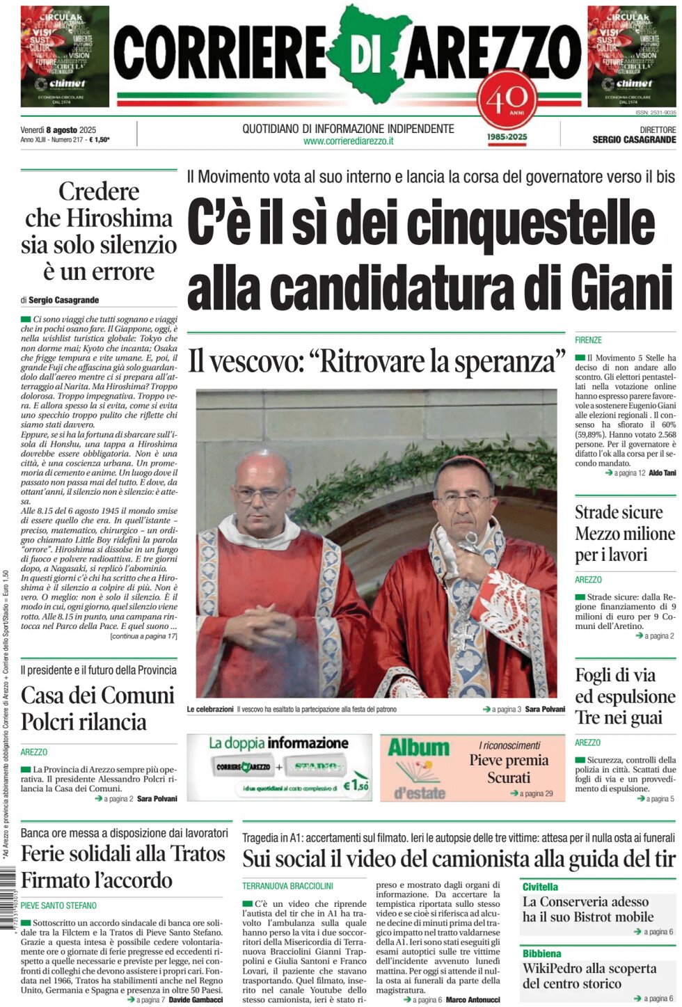 Prima Pagina Corriere di Arezzo 08/08/2025