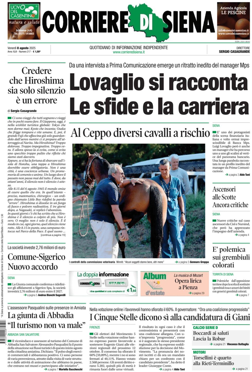 Prima Pagina Corriere di Siena 08/08/2025