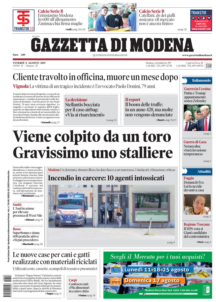 Prima Pagina Gazzetta di Modena 08/08/2025