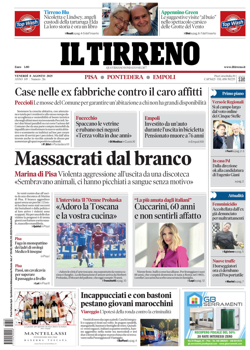 Prima Pagina Il Tirreno (Pisa, Pontedera) 08/08/2025