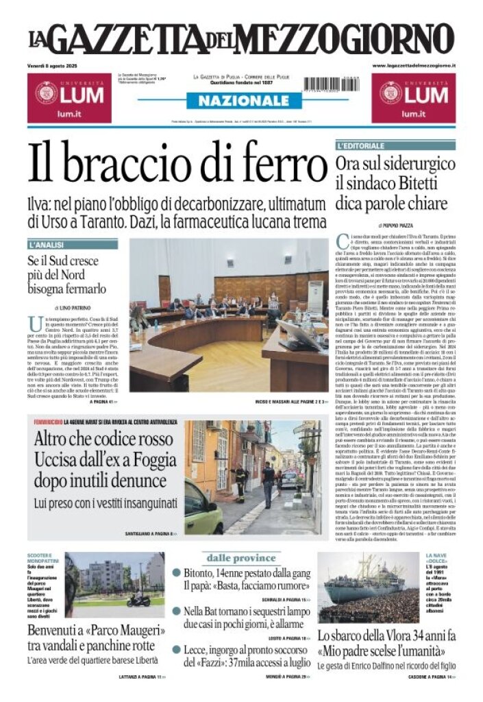 Prima Pagina La Gazzetta del Mezzogiorno (Bari) 08/08/2025