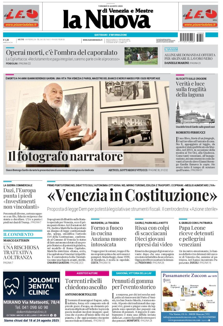 Prima Pagina La Nuova di Venezia e Mestre 08/08/2025