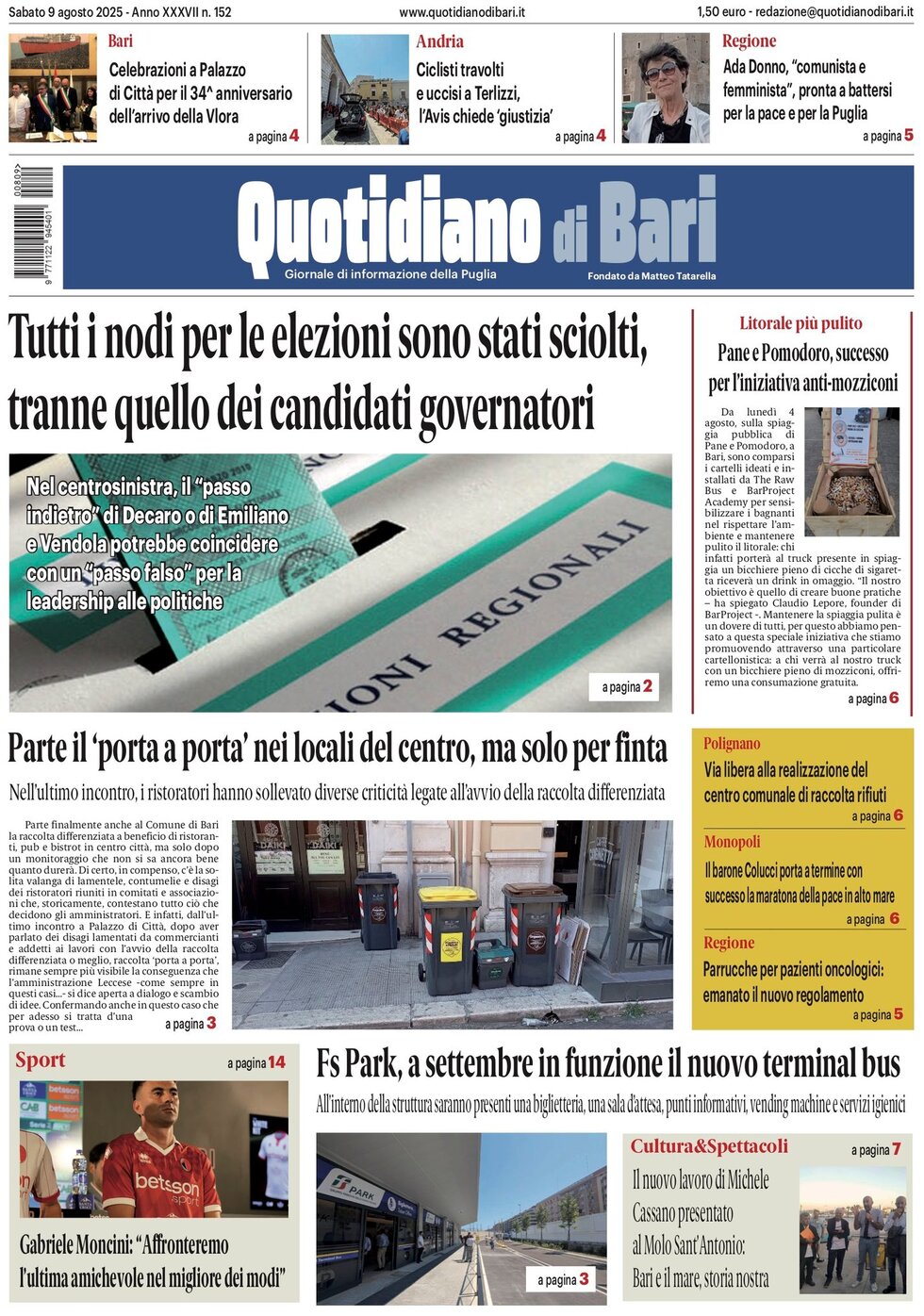 Prima Pagina Quotidiano di Bari 09/08/2025