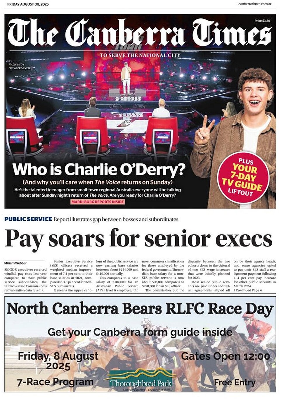Prima Pagina The Canberra Times 08/08/2025