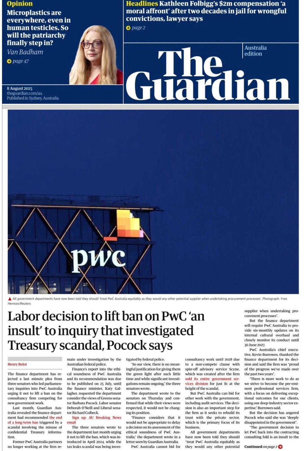 Prima Pagina The Guardian Australia 08/08/2025