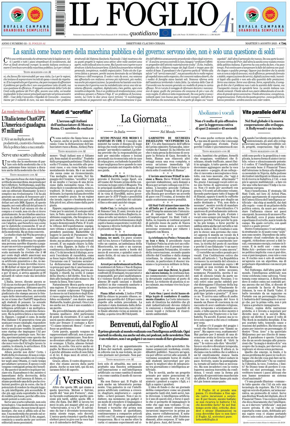 Prima Pagina Il Foglio AI 05/08/2025