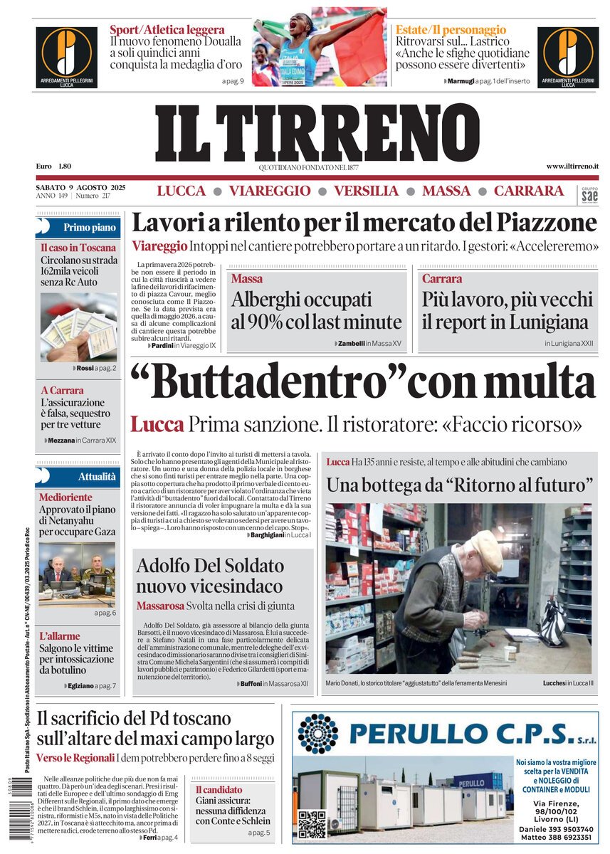Prima Pagina Il Tirreno (Lucca, Viareggio, Versilia, Massa, Carrara) 09/08/2025
