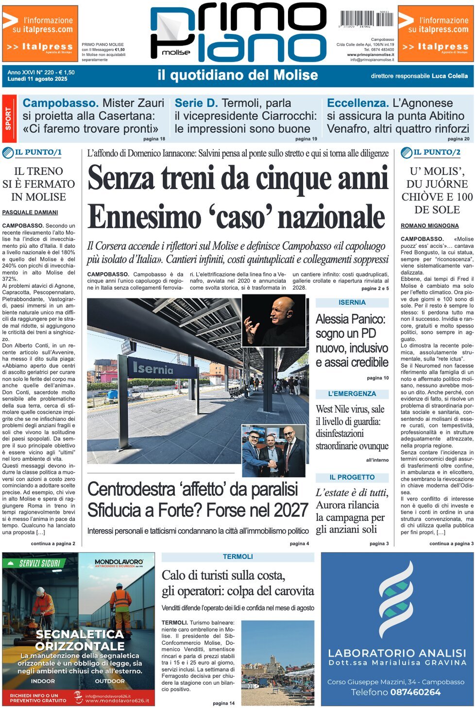 Prima Pagina Primo Piano Molise 11/08/2025