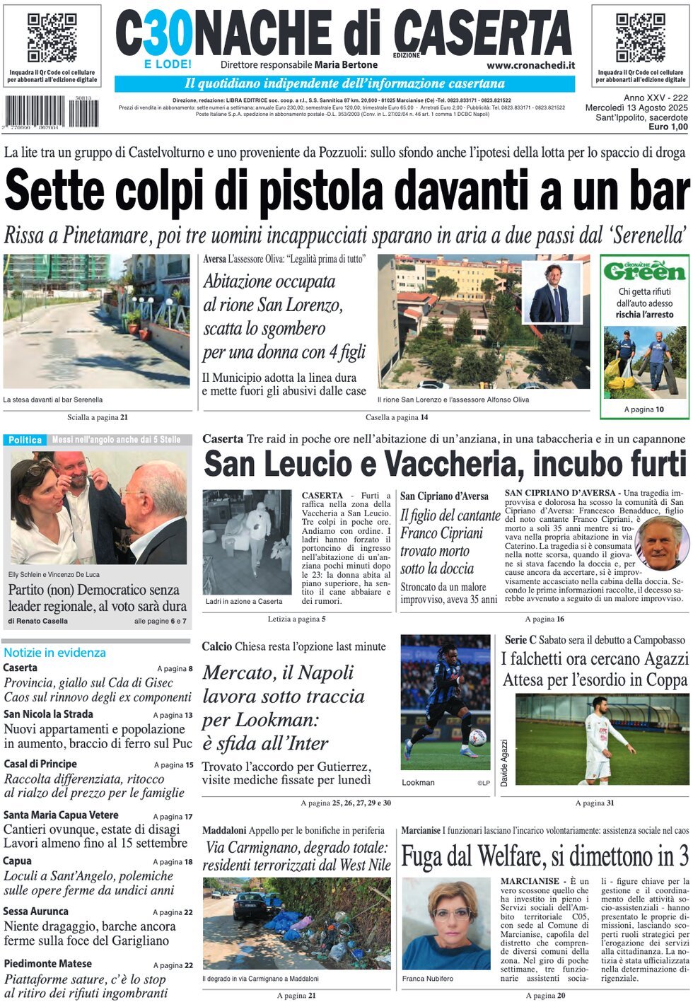 Prima Pagina Cronache di Caserta 13/08/2025