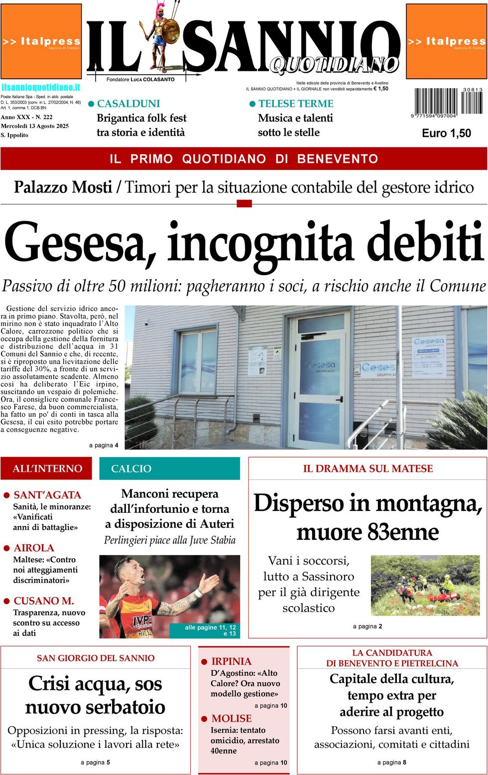 Prima Pagina Il Sannio Quotidiano 13/08/2025