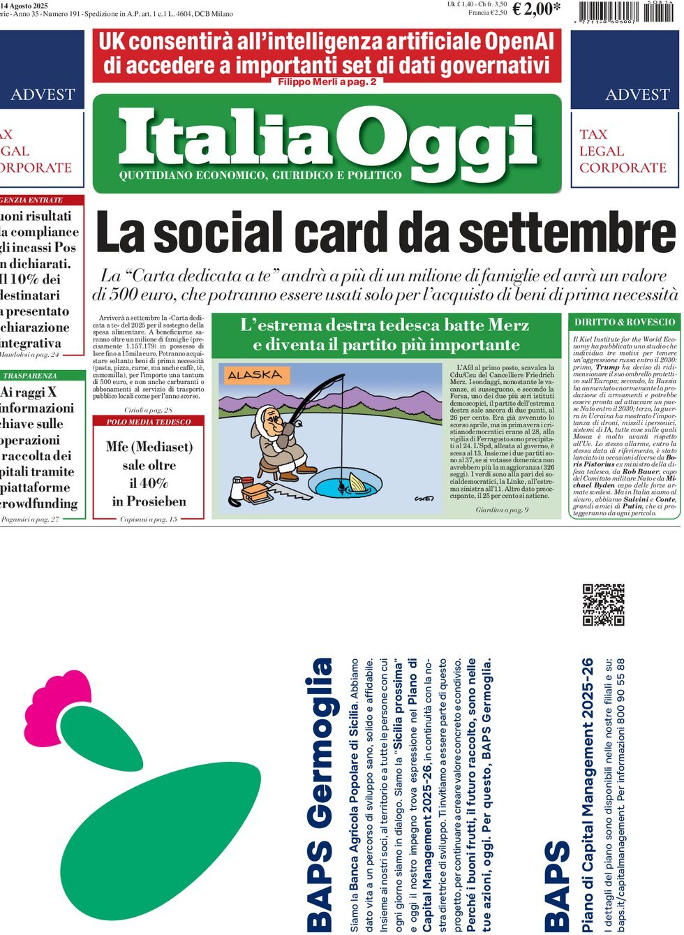 Prima Pagina ItaliaOggi 14/08/2025